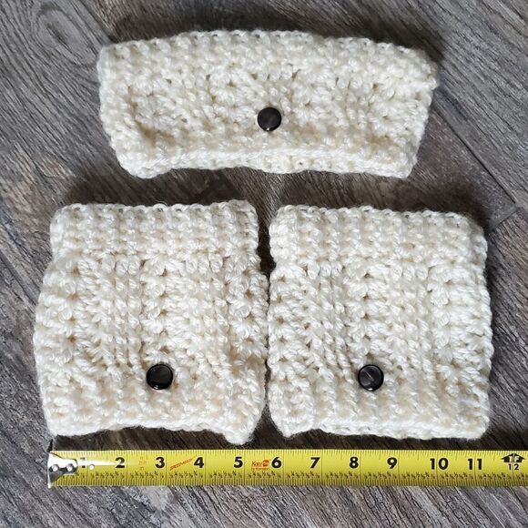Hand Crafted Chunky Knit Crochet Cream Colored Boot Cuffs and Headwrap Set - Picture 4 of 10